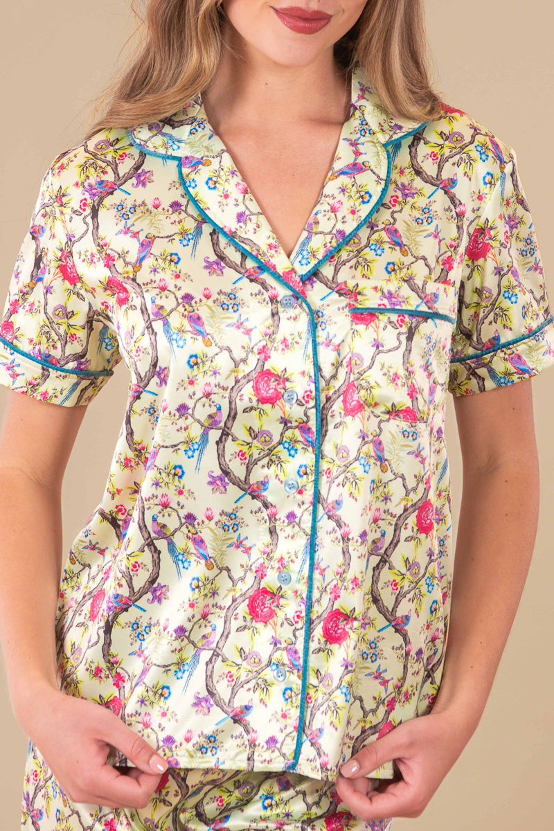 Women's Peacock Satin Notched Collar Pajama Top Extra Large