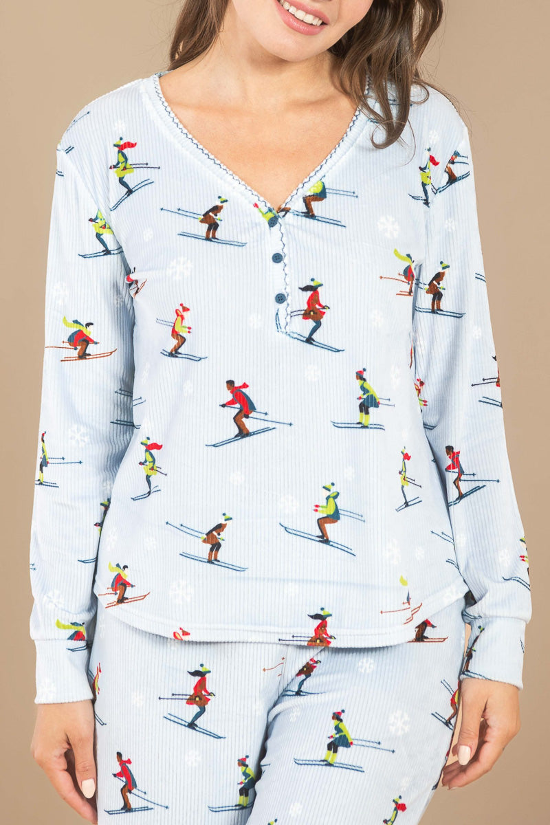Women's It's Snow Time Ski Printed Luxe Lounge Long Sleeve Pajama Top Extra Large