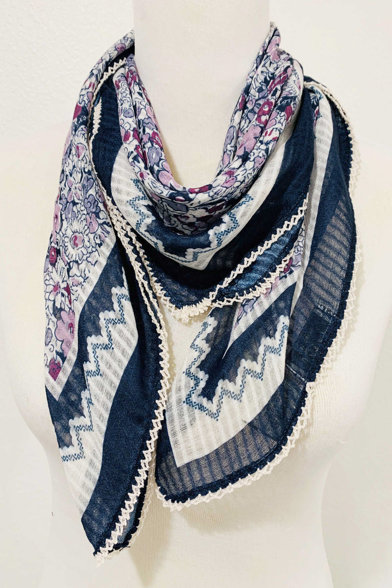 Floral Square Scarf Embroidered Edge Blue-Pink