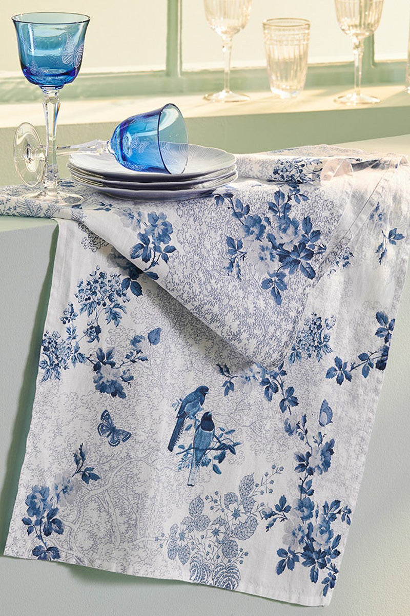 Garnier-Thiebaut Voliere Cotton & Linen Table Runner 20"x 61" Blue