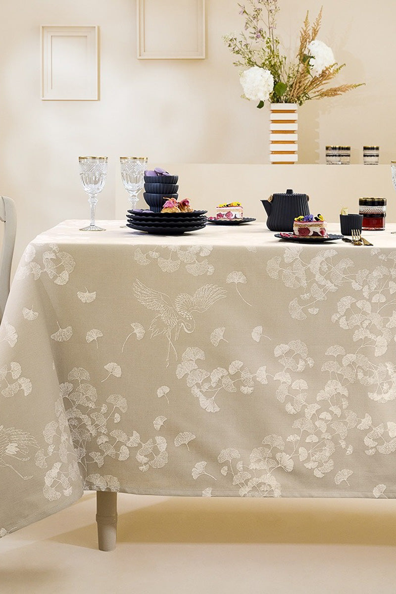 Garnier-Thiebaut Mille Ginkos Coated Cotton Jacquard Tablecloth 69"x 69" Natural