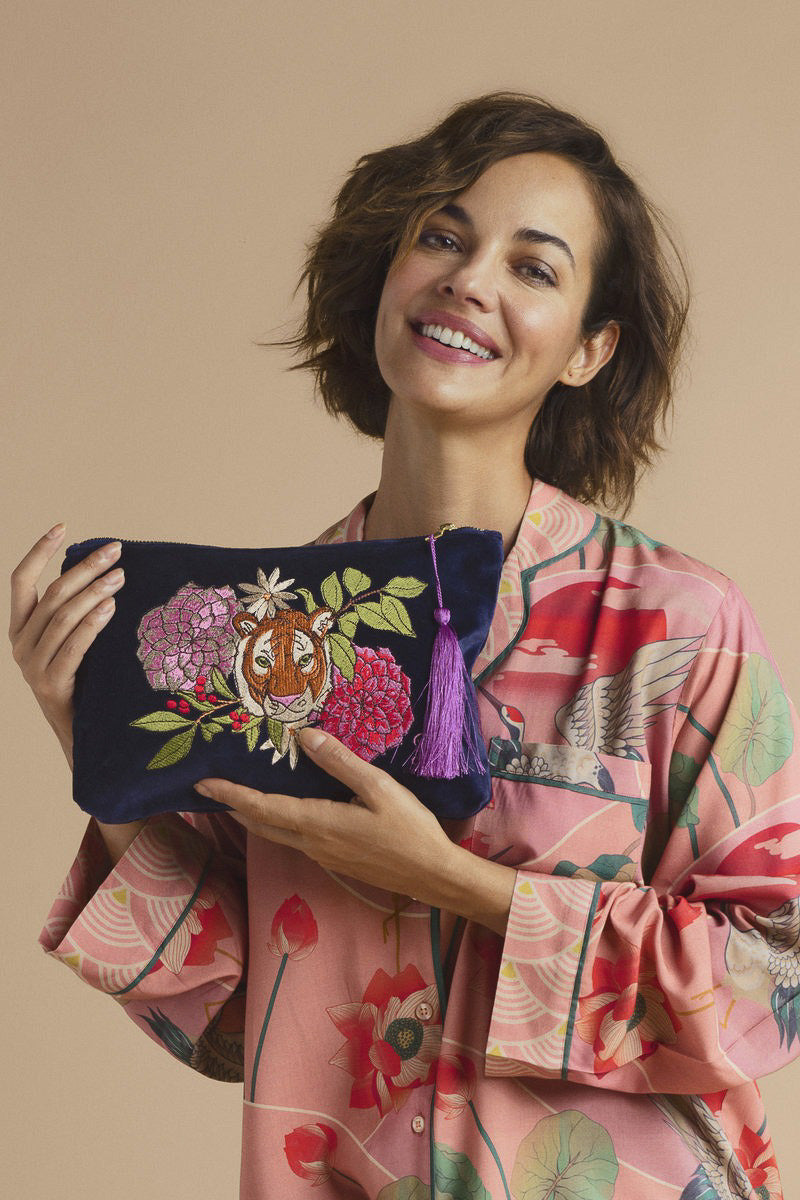 Powder Design Velvet Zip Pouch Floral Tiger Face in Indigo