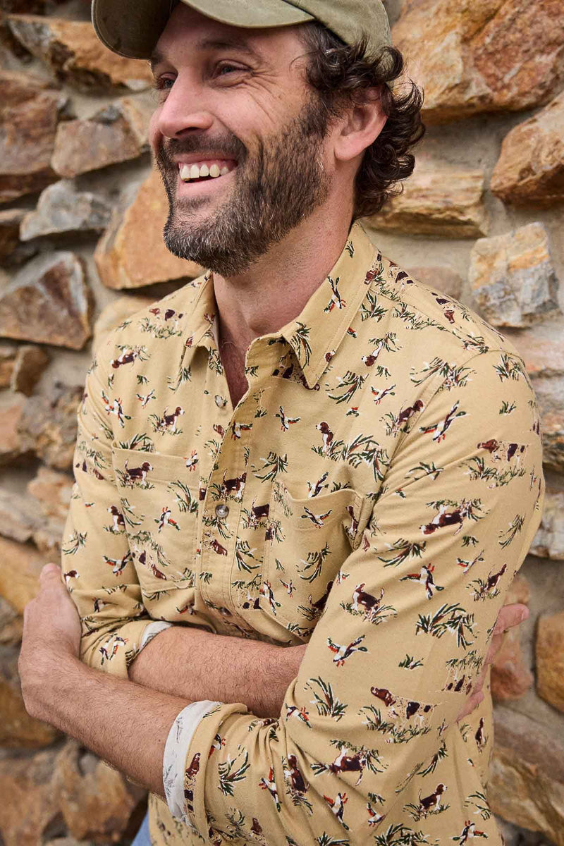 Toad & Co Men's Flannagan Long Sleeve Shirt Carob Dog Print Medium
