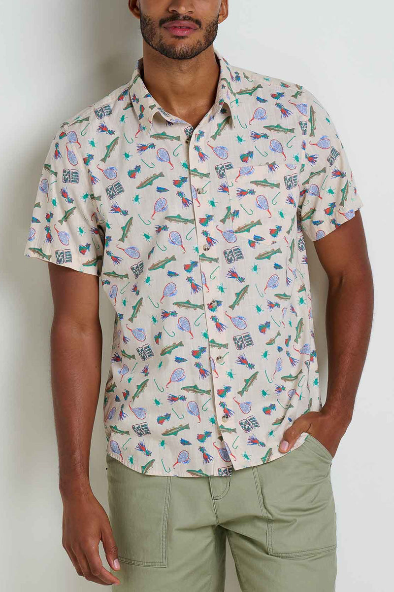 Toad & Co Men's Fletch Short Sleeve Shirt Gone Fishing Print Large Salt