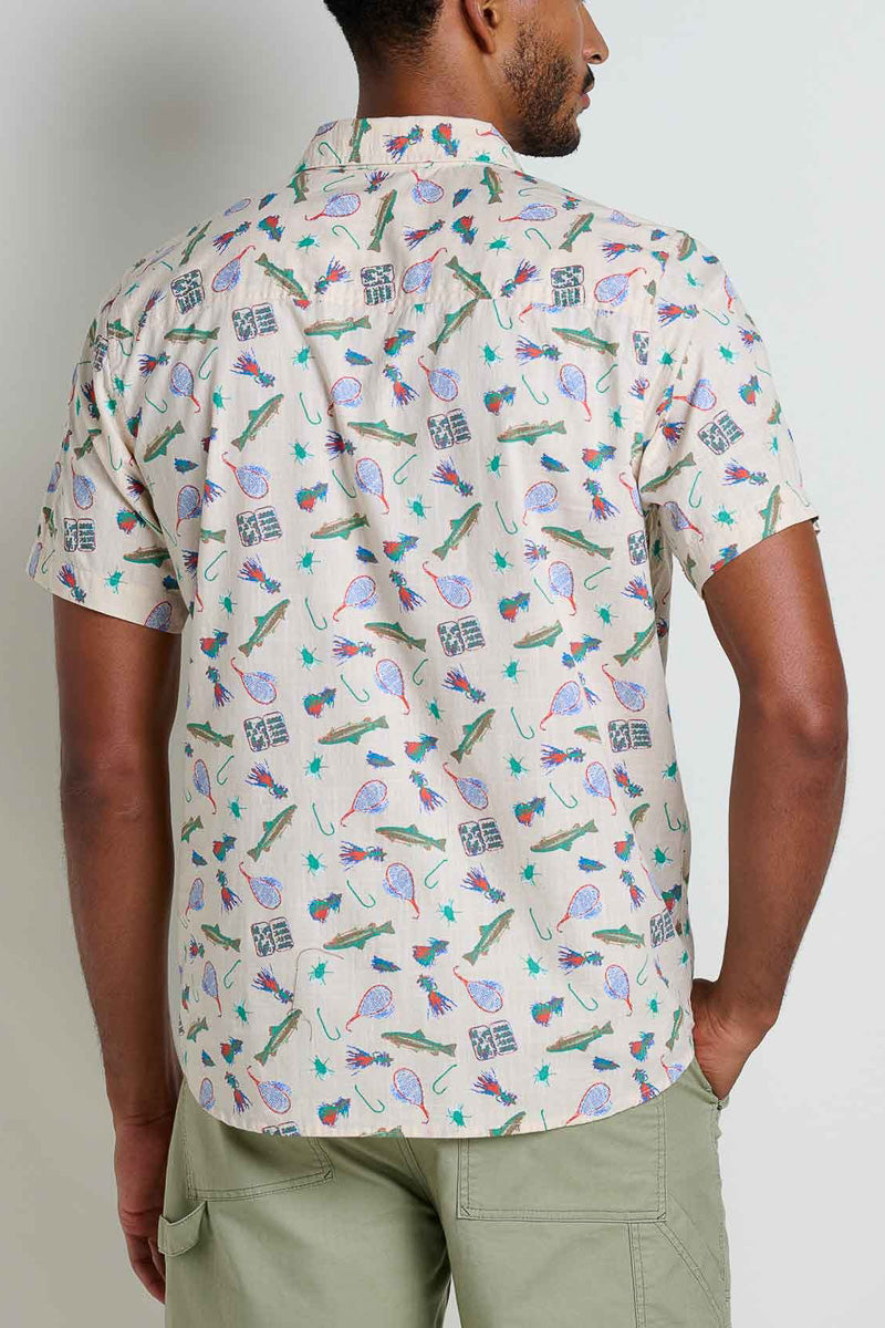 Toad & Co Men's Fletch Short Sleeve Shirt Gone Fishing Print Medium Salt