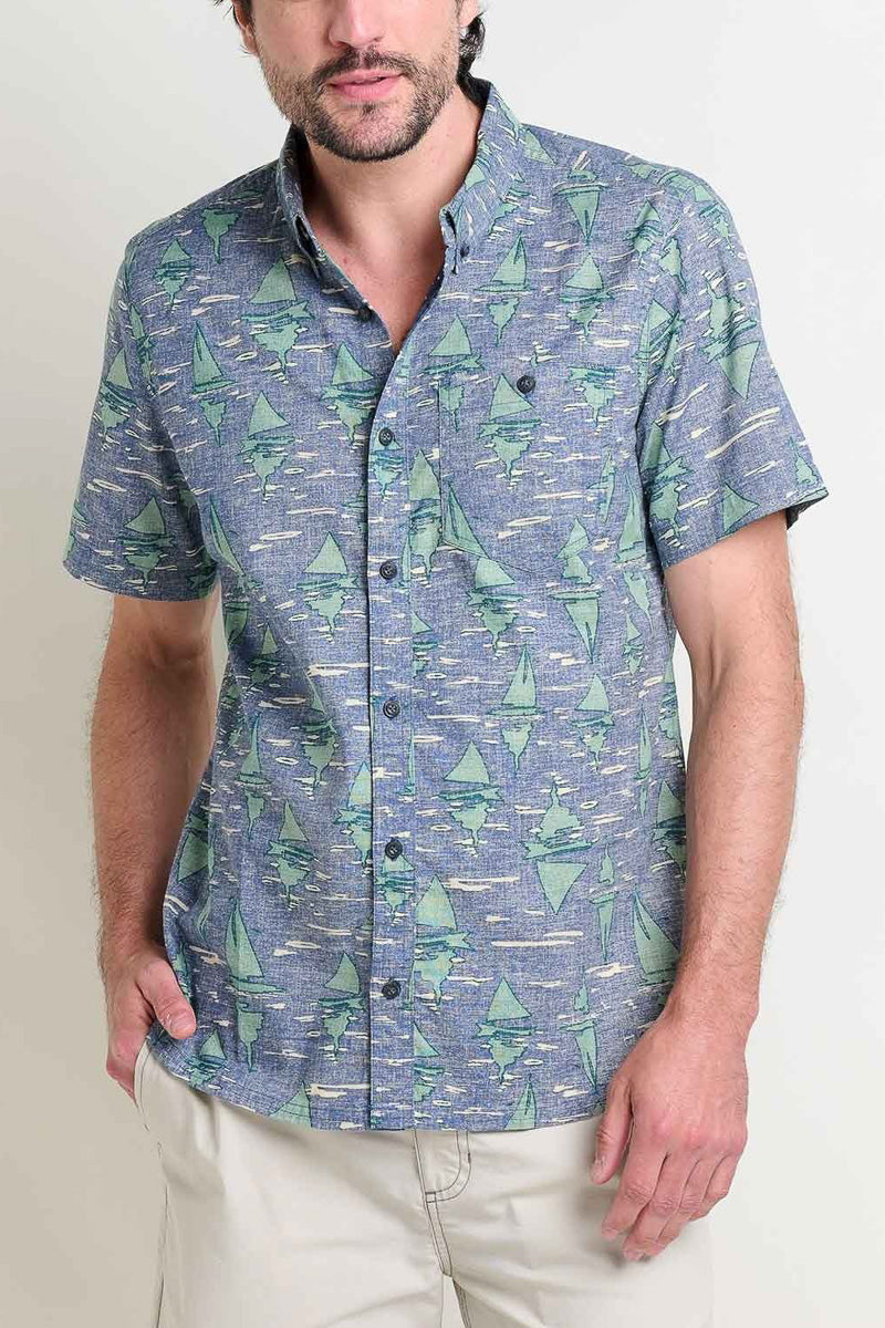 Toad & Co Men's Mattock Short Sleeve Shirt Boat Print Large Blue Shadow