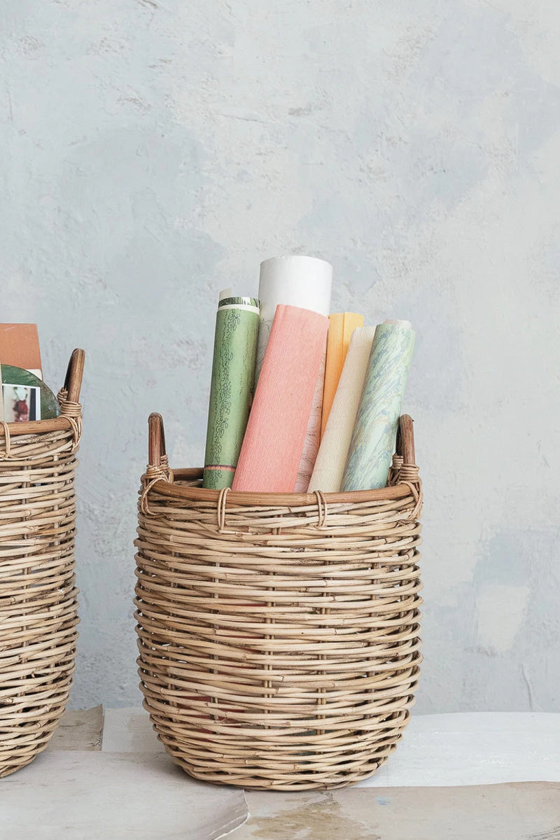 Creative Co-Op Hand-Woven Rattan Basket with Handles Natural Small