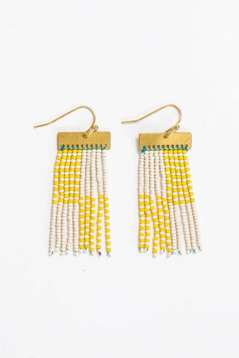 Ink + Alloy Scout Rectangle Hanger Blocks With Stripes Beaded Fringe Earrings Lemon