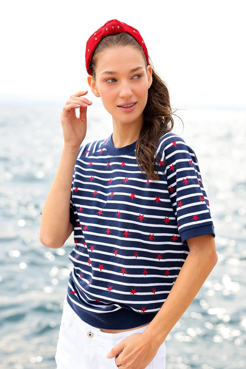Shiraleah Stripes Lightweight Short Sleeve Sweatshirt Large Navy