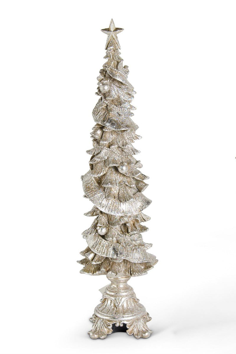 Glittered Christmas Tree on Pedestal Large Champagne