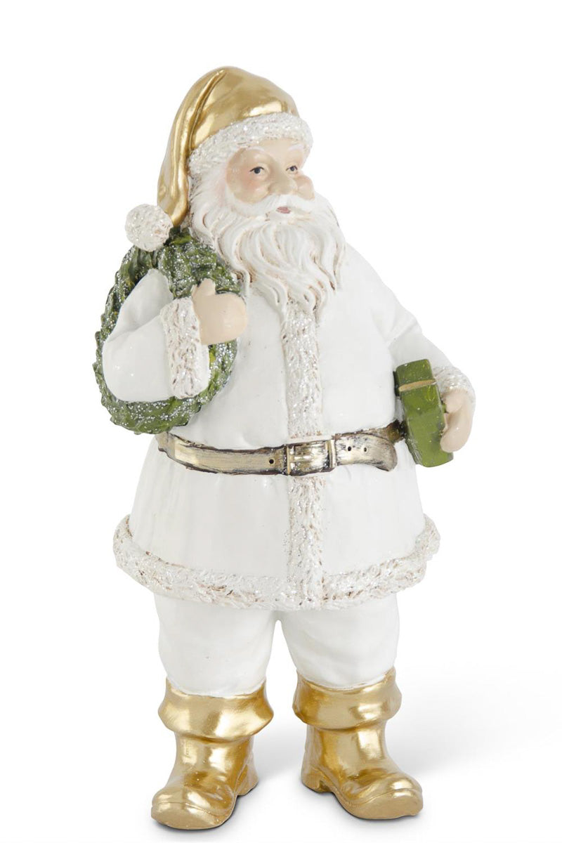 Santa with Wreath and Package 9" White & Gold