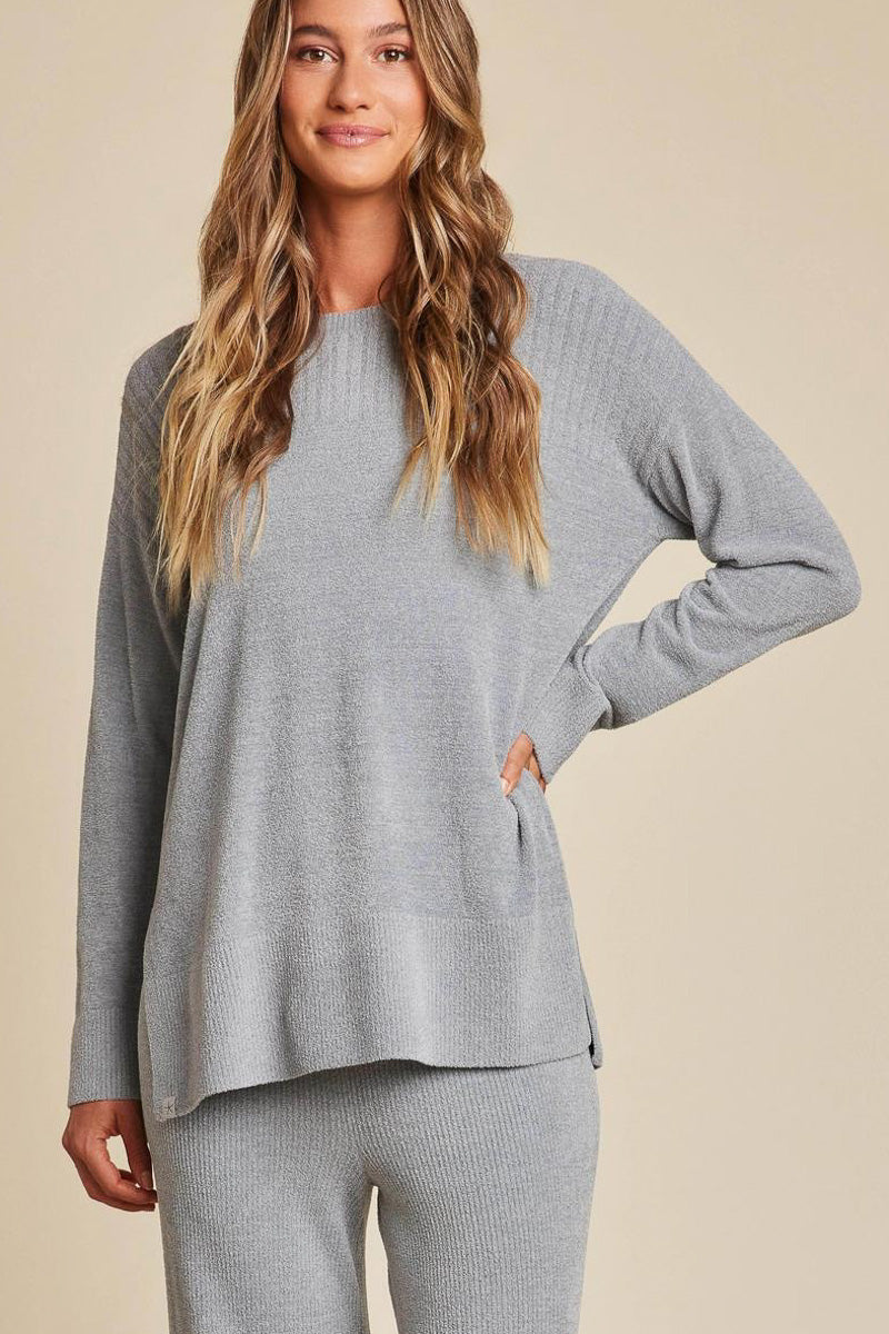 Barefoot Dreams Woman's CozyChic Ultra Lite Crewneck With High Slits Extra Small Moonbeam
