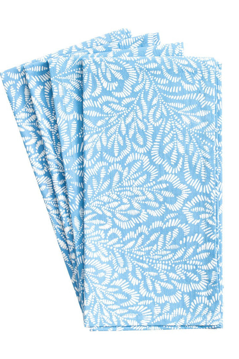 Caspari Block Print Leaves Cotton Dinner Napkins Blue & White