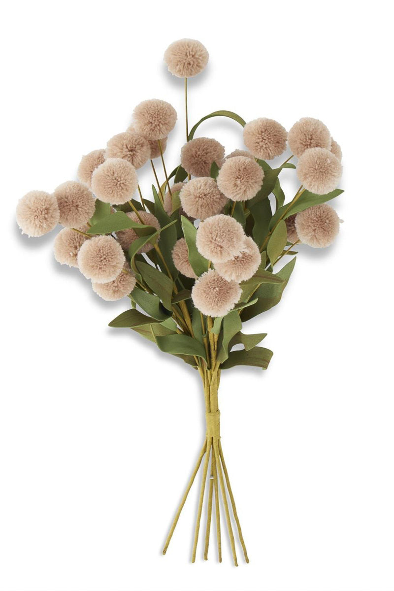 Faux Tan Pompom Bundle with Green Leaves 13"