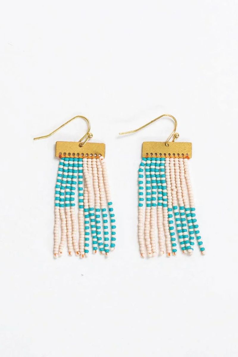 Ink + Alloy Scout Rectangle Hanger Blocks With Stripes Beaded Fringe Earrings Turquoise