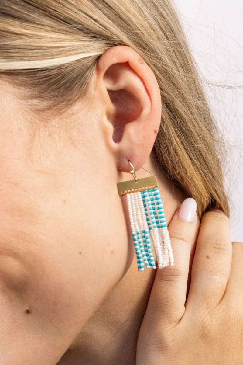Ink + Alloy Scout Rectangle Hanger Blocks With Stripes Beaded Fringe Earrings Turquoise