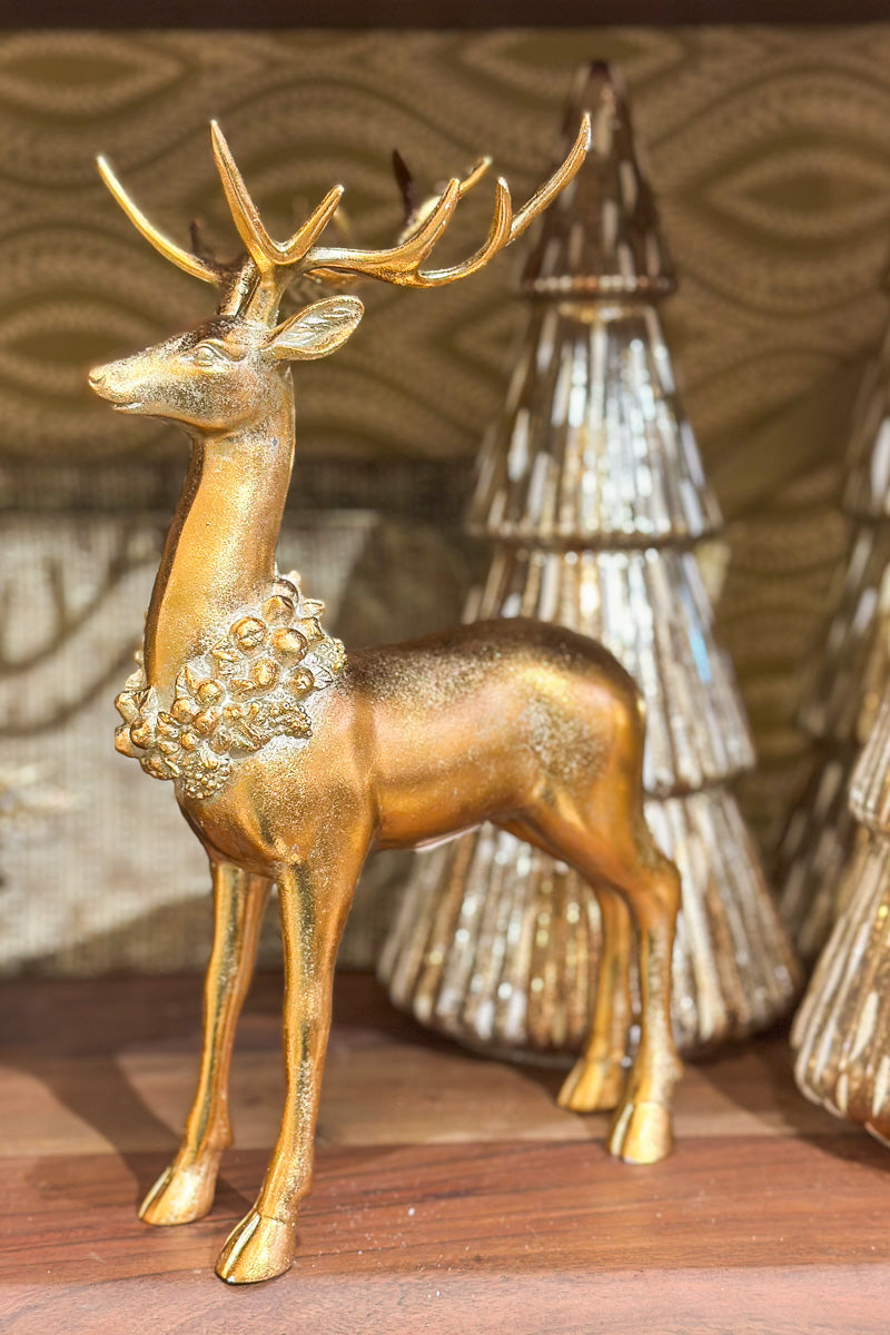 Glittered Standing Deer Resin 14.9" Gold
