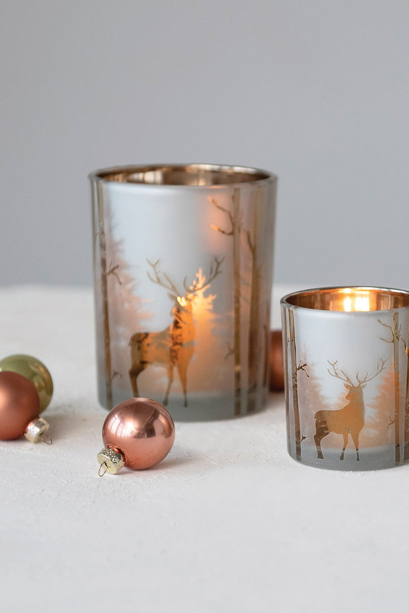 Glass Candle Holder With Holiday Scene 4"x 5" Gold
