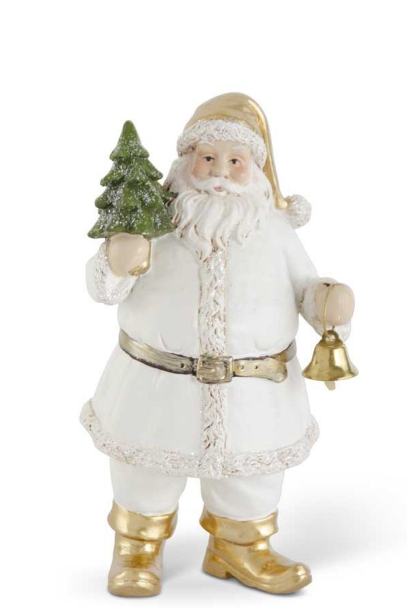 Santa with Tree and Bell 7.5" White & Gold